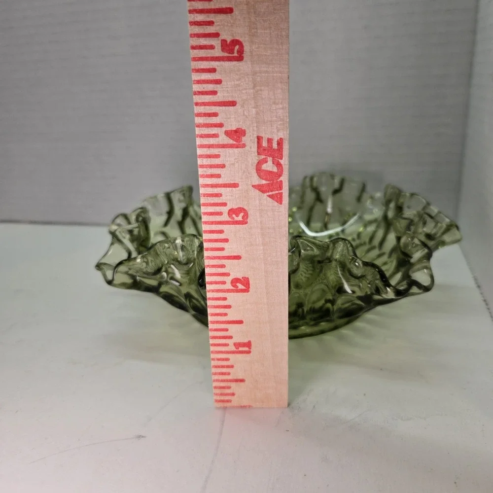 Vintage Fenton Glass Candy Dish Bowl Base Avocado Thumbprint Ruffle Rim 8